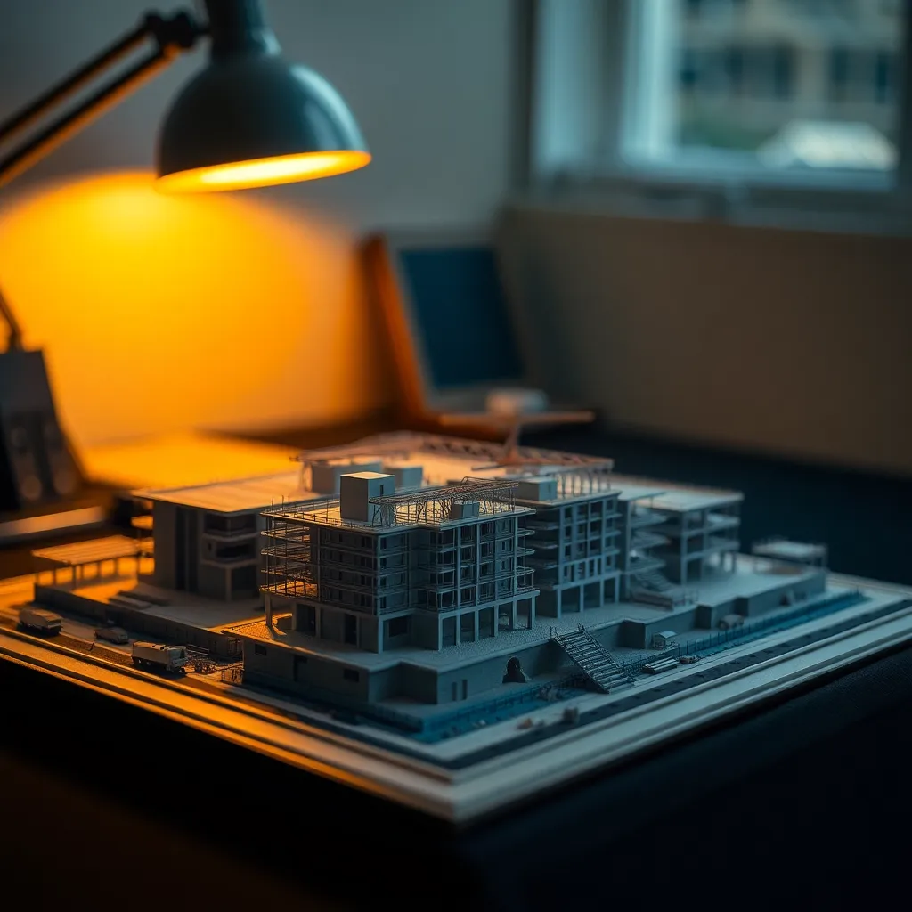 A detailed close-up shot of a scale model representing a construction project, artfully lit by a warm tungsten lamp. The model's intricate textures pop against a dark surface, creating a tactile experience that immerses the viewer. The meticulous arrangement highlights the careful planning behind construction, while the leading lines of the layout draw the eye around the scene, showcasing the creativity involved in architectural design.