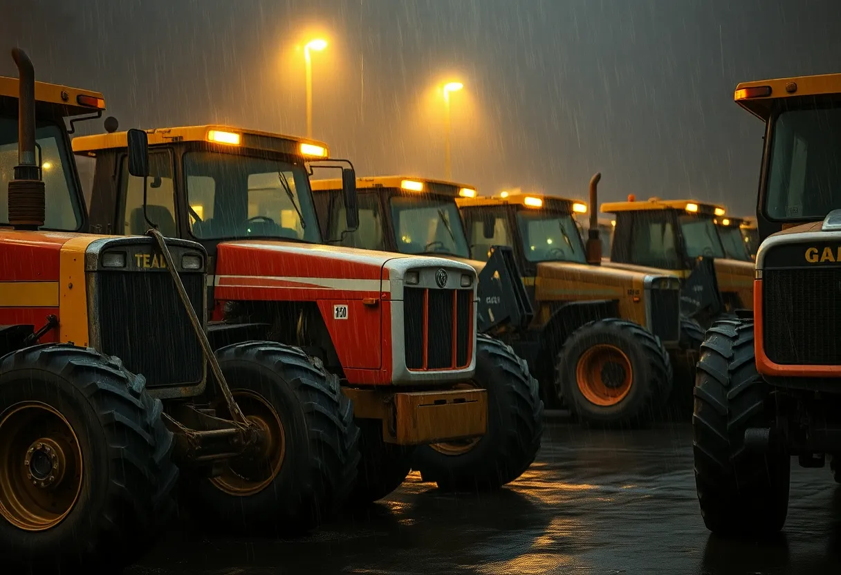 An industrial scene captures heavy construction machinery parked under warm tungsten lighting on a rainy day. The soft focus emphasizes the intricate details of the machines against the blurred backdrop of raindrops and muddy surroundings. The muted color tones create a reflective atmosphere, conveying a sense of industrious solitude.