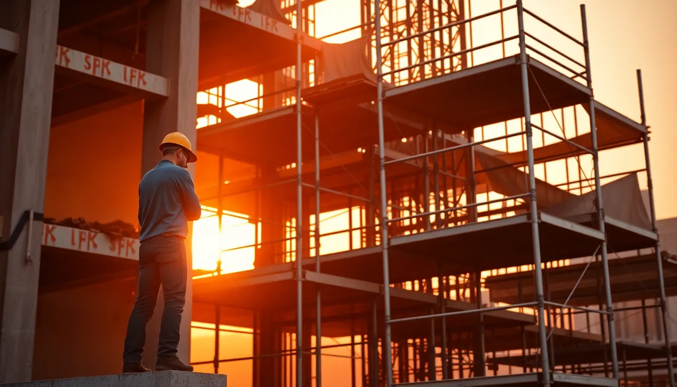 Workers Installing Scaffolding During Golden Hour
