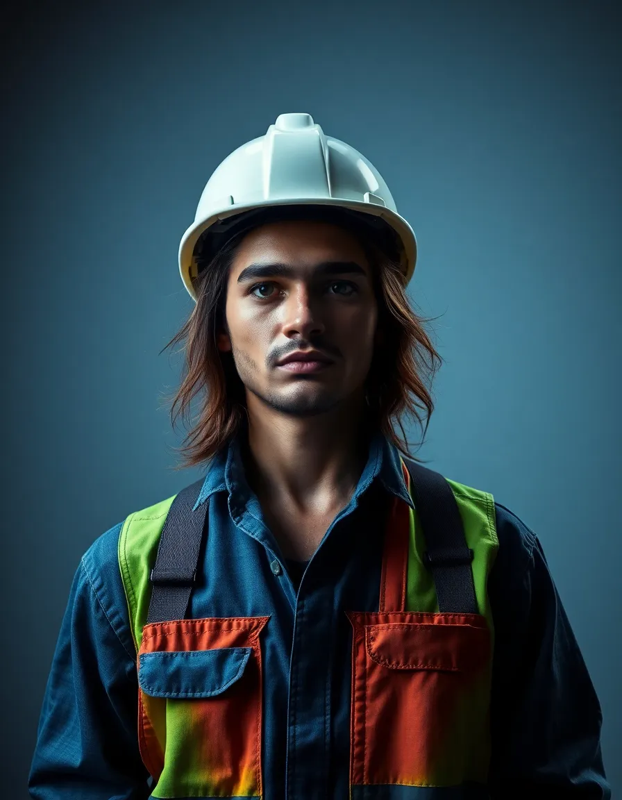 Model in Construction Gear in Studio This high-quality image features a model dressed in construction gear posed in a studio setting, illuminated by a carefully arranged three-point lighting setup. The soft, diffused light creates a flattering representation of the model while emphasizing the vibrant colors of the gear. With a centered symmetrical composition, the model exudes confidence and professionalism. The saturated color palette complements the industrial theme, making it a perfect representation of the construction industry.