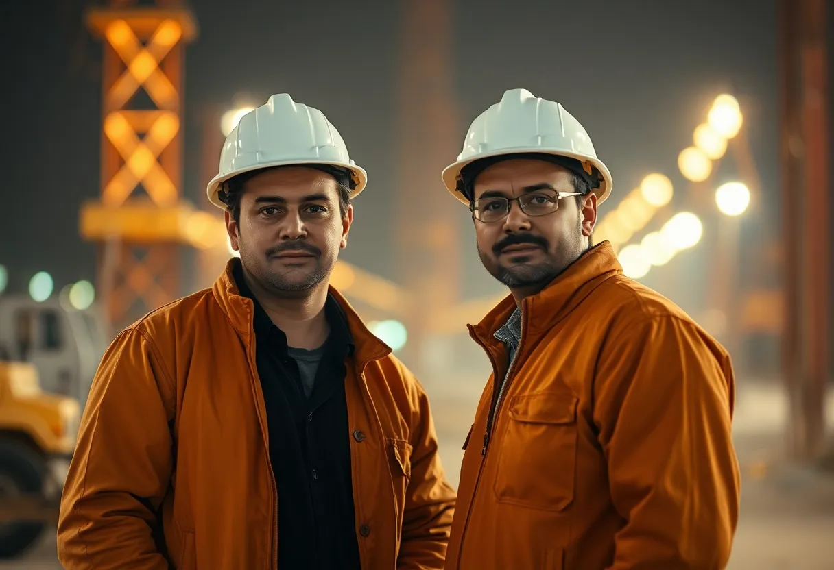 This image captures two construction workers in a moment of collaboration under the warm glow of tungsten lighting. Their focused expressions contrast beautifully against a softly blurred background of tools and materials, creating an intimate, engaging scene. The muted color palette emphasizes the workers' attire and conveys a dedicated atmosphere, making it ideal for themes related to teamwork and construction management.