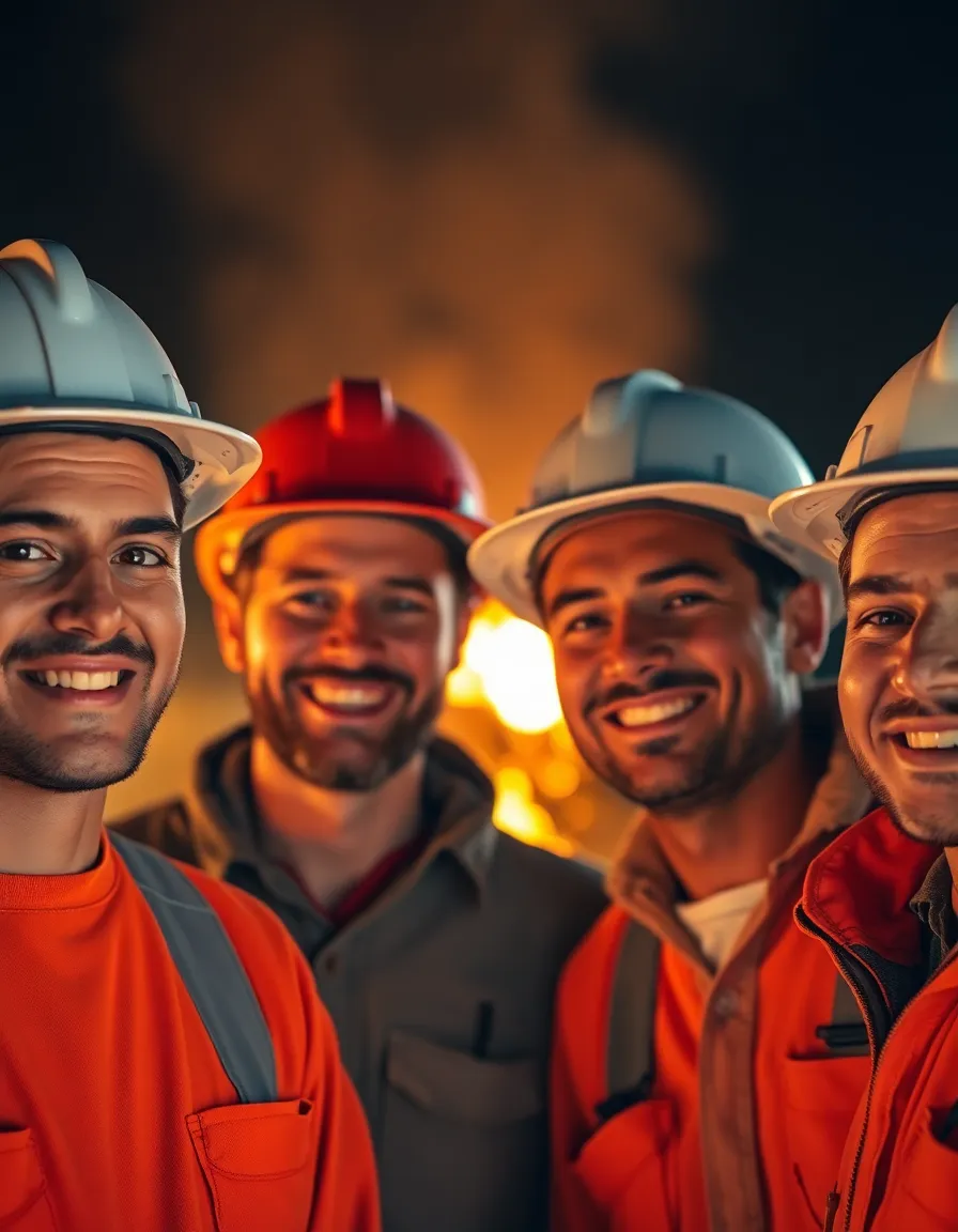 An intimate moment captures construction workers enjoying a well-deserved break by a fire, illuminated by its warm, flickering light. The image beautifully highlights their expressions of relaxation and camaraderie as they share stories and laughter. The shallow depth of field isolates them from the background, creating a soft, inviting atmosphere, ideal for showcasing the human element in industrial settings.
