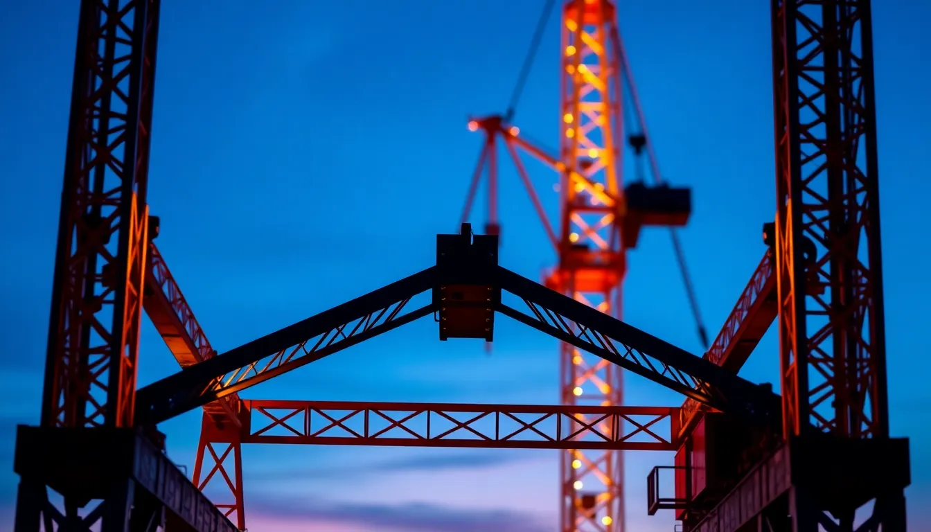 Neon Crane Silhouette Against Twilight Sky