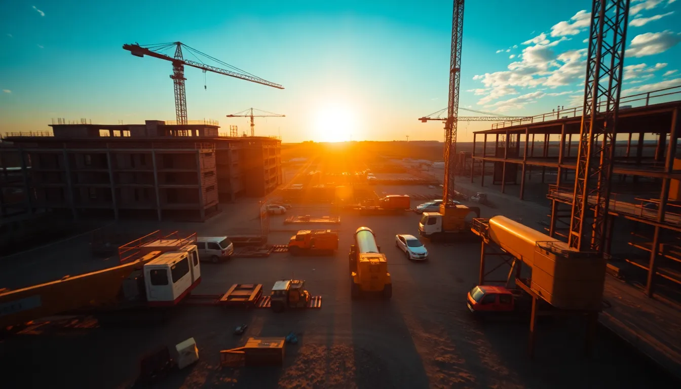 This aerial view captures a vibrant construction site during a stunning sunset, where the dappled sunlight reveals intricate machinery arrangements. Leading lines guide the eye through the landscape, creating a sense of movement and dynamism. The teal and orange color grading enhances the dramatic atmosphere of the scene.