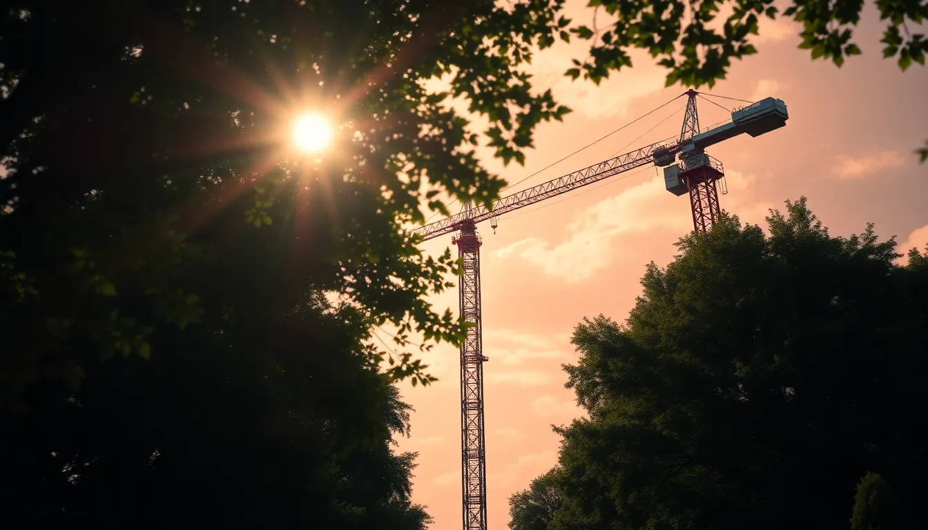 Construction Crane Against a Vibrant Sky This striking image captures a construction crane silhouetted against a vibrant sky, with dappled sunlight filtering through the tree canopy nearby. The powerful leading lines of the crane draw the viewer's eye upward, emphasizing its towering presence. With a hyperfocal distance rendering everything in sharp focus, the depth enhances the dramatic interplay of light and color. The cinematic teal and orange grading adds a modern flair to the industrial scene.