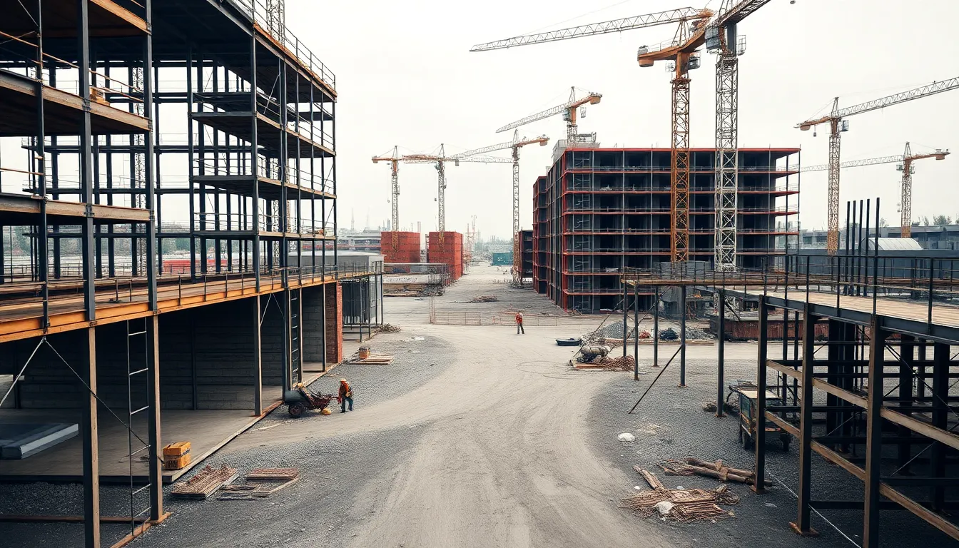 An expansive view of a construction site under a soft overcast sky showcases various elements of the project in progress. The image captures the energy of the environment with workers engaged in tasks, framed symmetrically against the backdrop of cranes and steel structures. Rich in texture, the muted earth colors lend a sense of realism, while the sharp detail throughout emphasizes the extensive nature of the site.