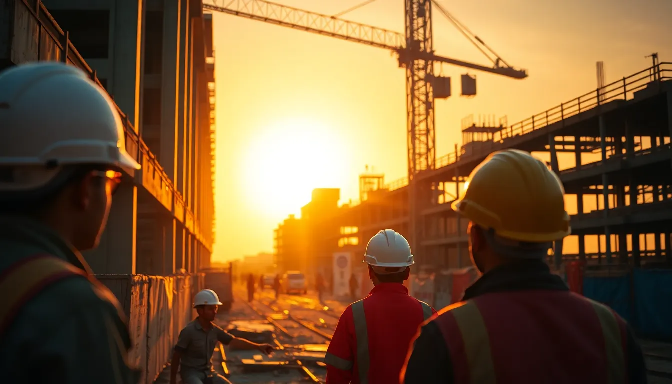Dynamic Construction Site at Golden Hour This image captures the energy of a construction site during golden hour, where workers move about under the watchful eye of a towering crane. Warm backlighting creates an inviting atmosphere, highlighting the textures of concrete and the smooth helmets. The scene is rich in detail, with shadows stretching dramatically across the site, emphasizing the height of the machinery. This vibrant setting showcases the hustle and productivity inherent in construction work.