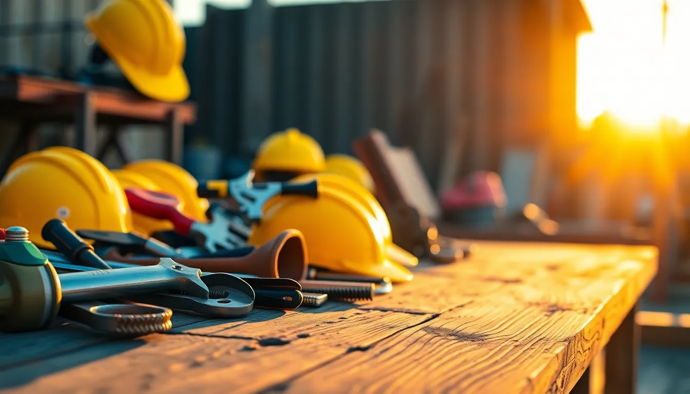 A captivating scene at a construction site captures warm golden hour light illuminating an array of construction tools on a weathered wooden table. The blurred backdrop of vibrant yellow hard hats adds depth, while soft bokeh enhances the inviting atmosphere. The warm color palette and rich textures of the wood and metal provide a rustic touch, creating a sense of craftsmanship and industry.