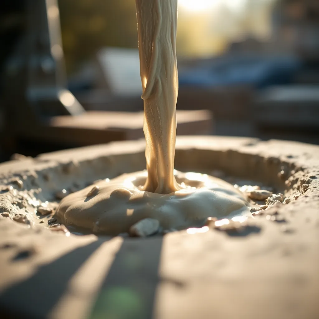 A tight close-up shot capturing the moment fresh concrete is being poured into a mold, illuminated by warm afternoon sunlight. This image emphasizes the rich texture of the wet concrete, showcasing small stones and aggregates within. The shallow depth of field creates a beautiful separation from the background, ensuring the viewer's attention is drawn to the intricacies of this crucial construction process.