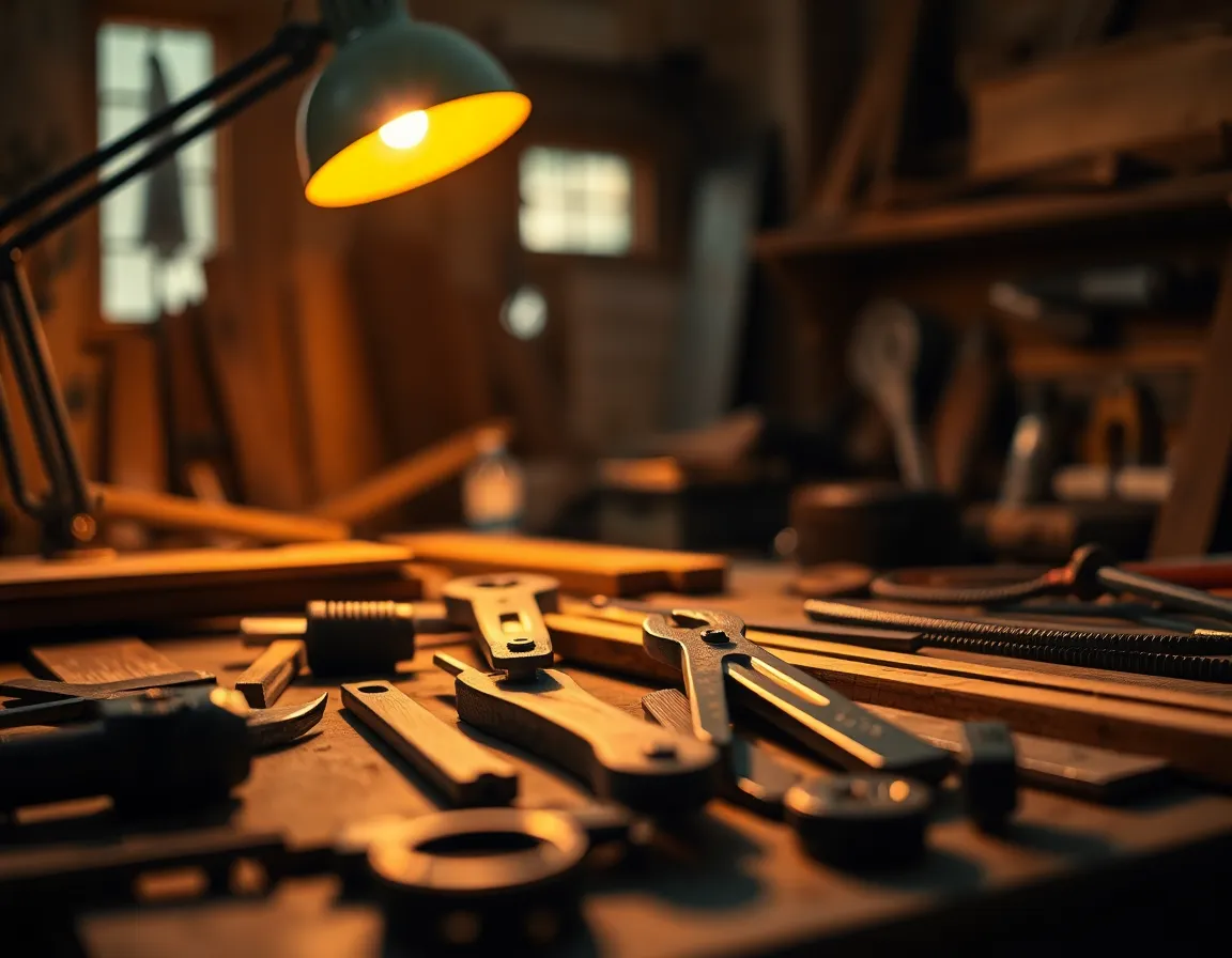 An artistic arrangement of construction tools and materials populates a workbench under the warm glow of a tungsten lamp. The macro perspective highlights details in wood grains and steel textures with a creamy bokeh background that softly blurs the chaos of the workspace. The warm color palette enhances the inviting atmosphere of creativity and craftsmanship. The image tells a story of preparation and dedication behind the scenes of construction.