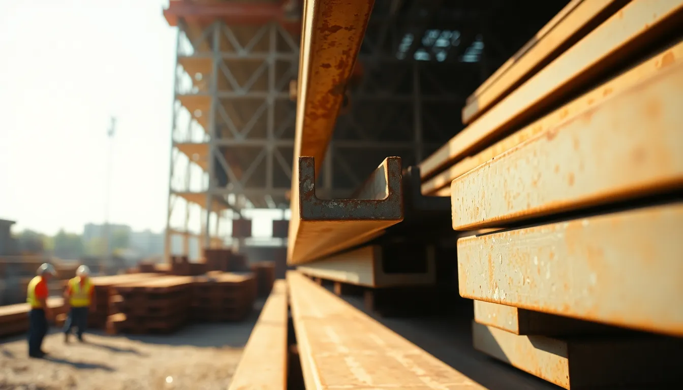This image features stacks of steel beams at a construction site, illuminated by soft afternoon light that highlights their shiny surfaces. The selective focus captures the detailed textures of rust and peeling paint, with blurred workers adding a sense of activity in the background. The warm color palette enhances the industrial atmosphere, while leading lines draw the viewer deeper into the scene, evoking the ongoing construction efforts.