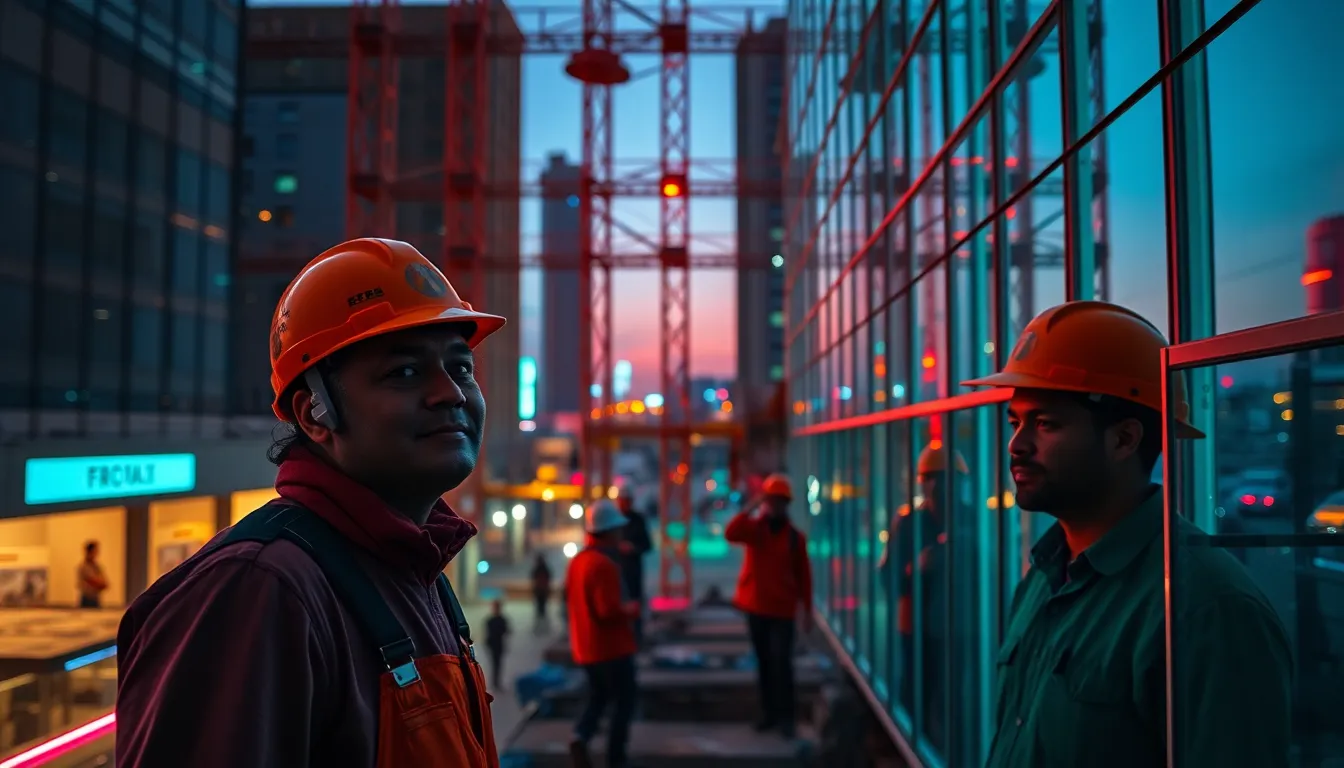 An energetic urban construction site comes alive at dusk, where neon lights reflect off nearby glass buildings. Workers are illuminated by soft butterfly lighting, highlighting their focused expressions as they collaborate. The teal and orange color grading creates a dramatic effect, heightening the scene's cinematic feel. The composition is dynamic, with scaffolding creating leading lines that draw the viewer’s eye into the bustling environment.