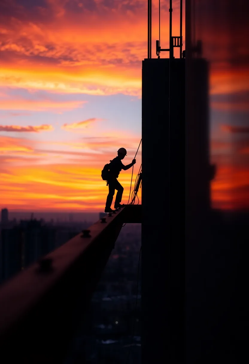 This dramatic twilight image features a construction worker poised on a high-rise beam, beautifully silhouetted against a stunning sunset. The vibrant colors of the sky provide a breathtaking backdrop, amplifying the sense of height and adventure. The shallow depth of field draws focus to the worker while the Dutch angle adds energy to the composition, perfectly encapsulating the spirit of the construction industry at day's end.