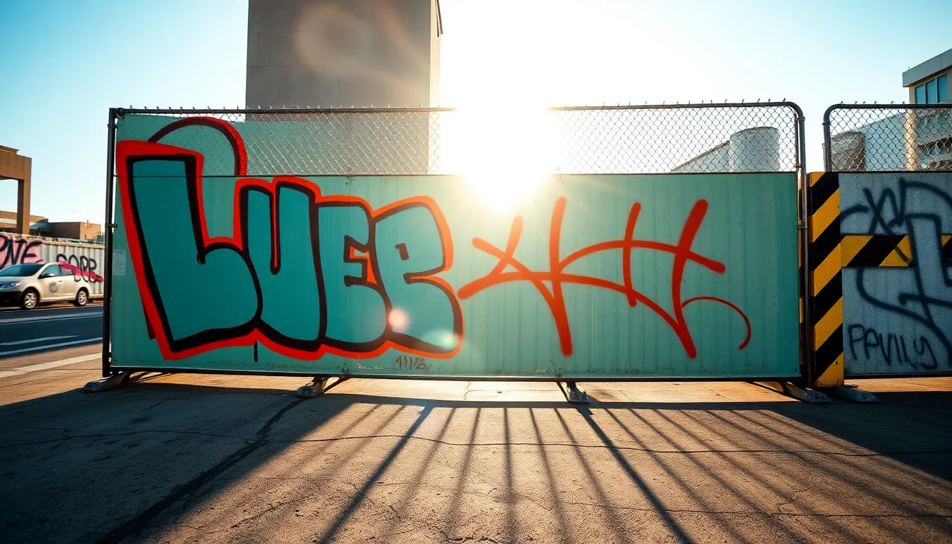 A bright and colorful graffiti scene adorns a construction barrier against a backdrop of urban development. The bright afternoon light accentuates the vibrancy of colors, while the shallow depth of field draws attention to the intricate details of the spray paint. With a cinematic color grading, the image embraces the artistic side of construction in the city. Leading lines create visual dynamism, emphasizing the barrier as a canvas of urban expression.