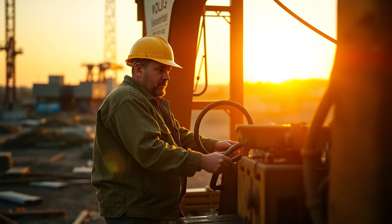 A dynamic construction scene during golden hour, capturing workers involved in heavy machinery operations. The warm light beautifully highlights their focused expressions and the textures of their rugged work attire, while the background fades softly into a bokeh. The golden hues and rich earth tones evoke a sense of dedication and labor, making it ideal for industrial themes and workers' portraits.