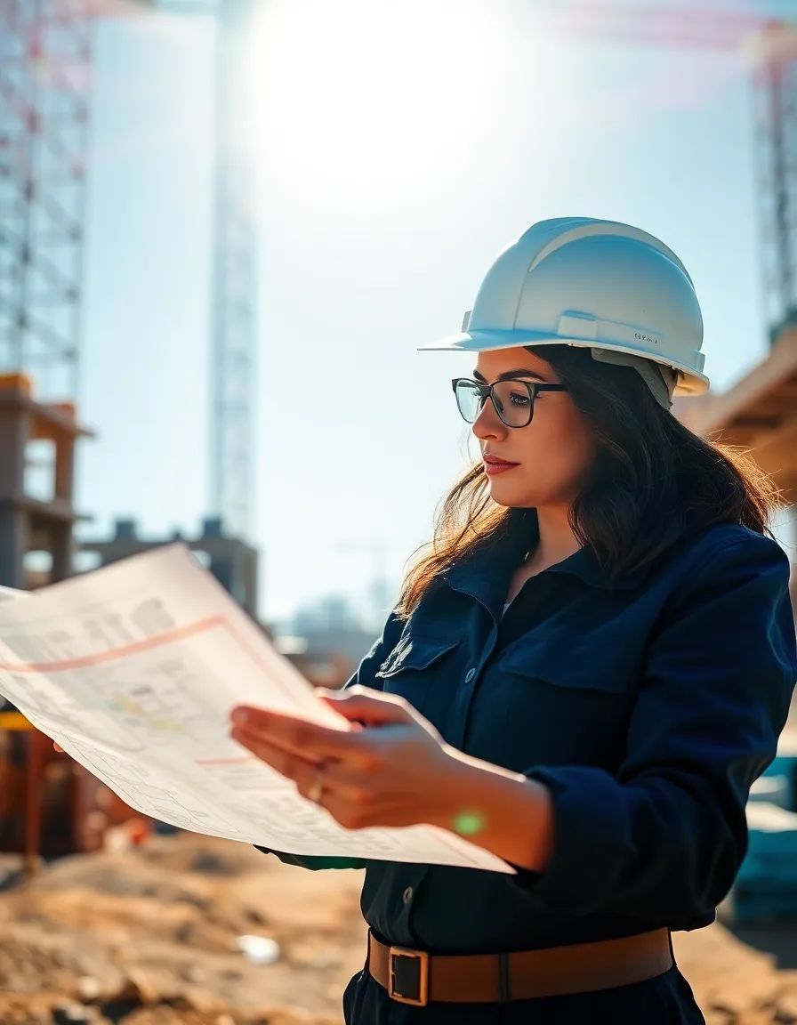 This image focuses on a female engineer carefully reviewing blueprints at a construction site. Illuminated by bright sunlight, her concentrated expression signifies determination and skill. The vibrant colors amplify the scene's energy, contrasting the blueprints with her professional attire. The soft background enhances her role as the primary subject, making this a compelling portrayal of women in construction.