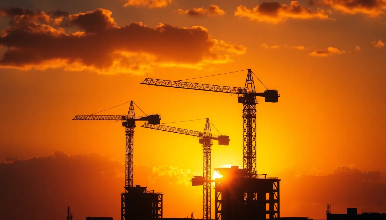 This striking image features construction cranes silhouetted against a breathtaking sunset. The vivid oranges and purples of the sky provide a dramatic backdrop, achieved through saturated color grading. With the cranes positioned according to the rule of thirds, the composition draws the viewer's gaze skyward. Soft bokeh in the foreground enhances the feeling of depth and tranquility despite the industrial subject matter.