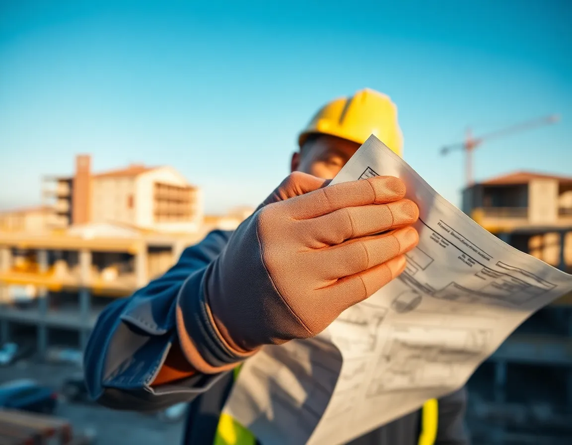 A construction worker is depicted studying blueprints against a vibrant blue sky, capturing the essence of focus and preparation. The sharp details of the blueprints are highlighted along with the worker's texture of skin and gloves. Soft shadows add depth, and the vibrant yet muted colors create a harmonious industrial atmosphere.
