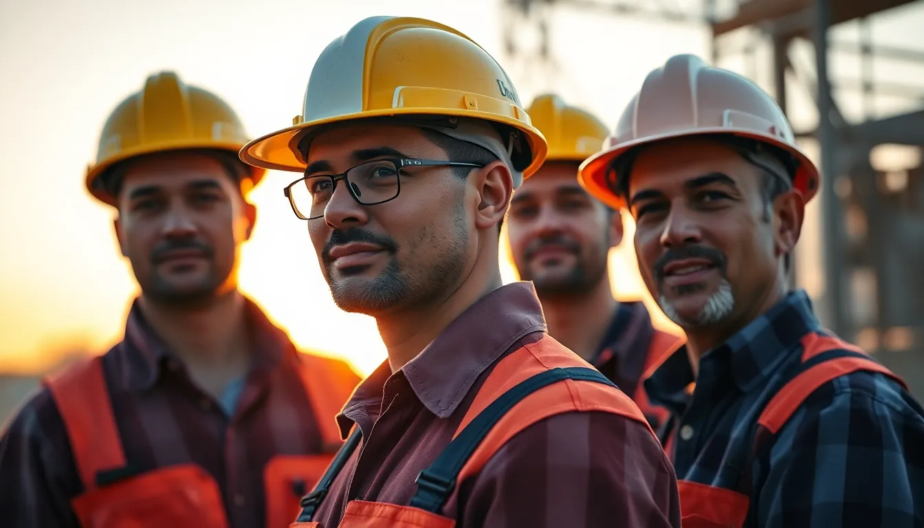 Construction Workers Collaborating at Sunset In this compelling image, construction workers are depicted collaborating at sunset, bathed in warm golden hour light. The soft rim light enhances their focused expressions and brings out the rich textures of their clothing. The shallow depth of field draws attention to their faces while the background softly blurs, creating a serene and inspiring atmosphere. This scene perfectly captures the teamwork and dedication present on construction sites during the magical golden hour.