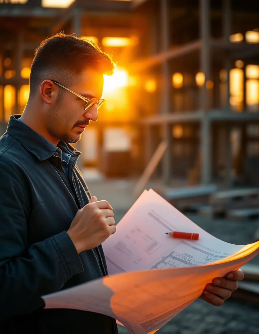 This captivating image captures an architect deep in thought as they study blueprints at a construction site during golden hour. The warm, glowing light beautifully accentuates their features and surrounding materials, creating an inviting atmosphere. The focus on the architect, combined with the soft bokeh of the background, brings attention to their expression and the intricate details of the blueprints. The textured materials around them add context, emphasizing the architectural process.