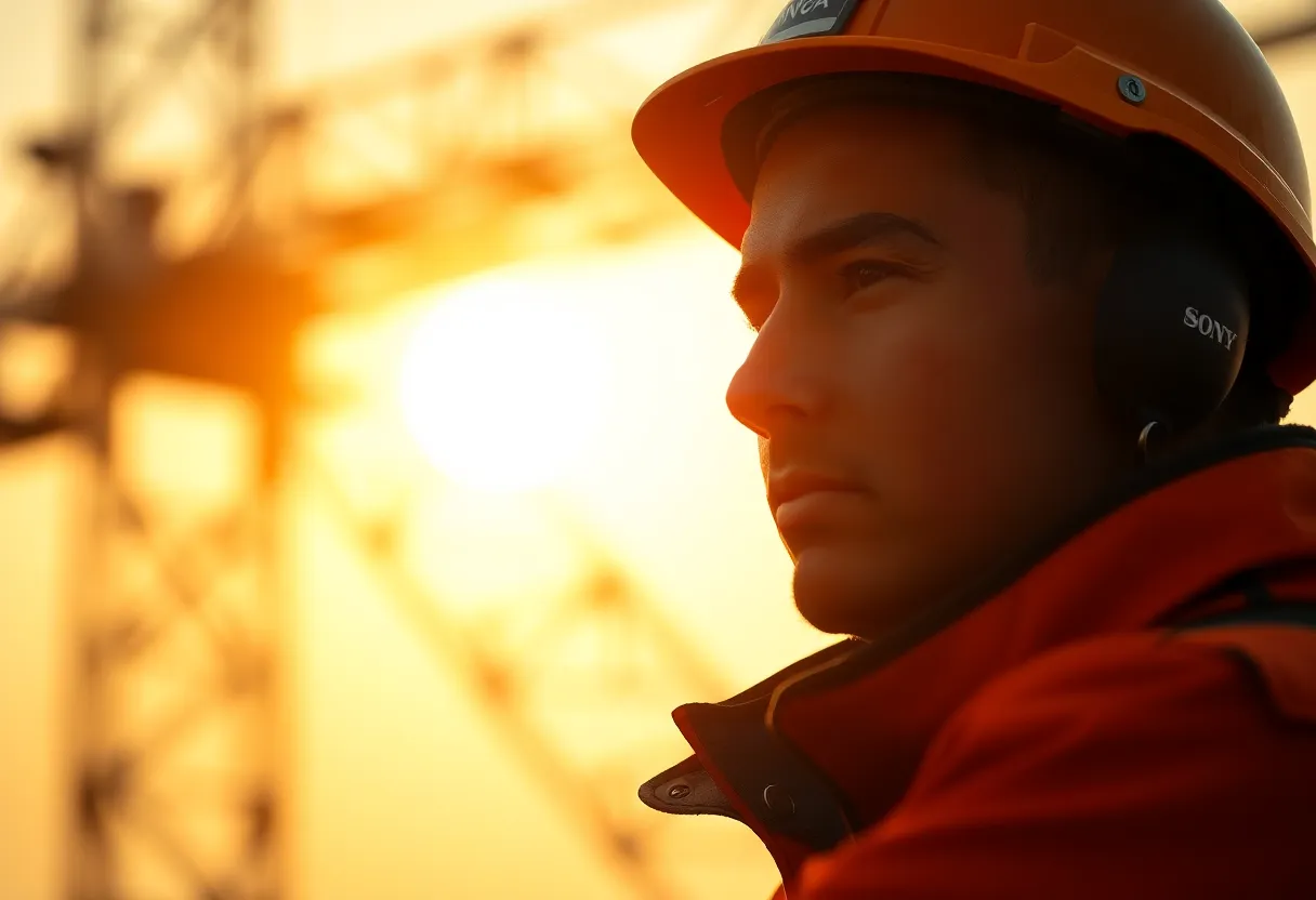 A crane operator is captured during the golden hour, with backlighting creating a stunning halo effect around him. The warm tones enhance the intimate atmosphere, while the soft bokeh of the blurred background emphasizes his concentration on the task at hand. Complemented by the rich textures of the operator's clothing and the mighty silhouette of the crane, the image conveys both determination and the beauty of working in construction.