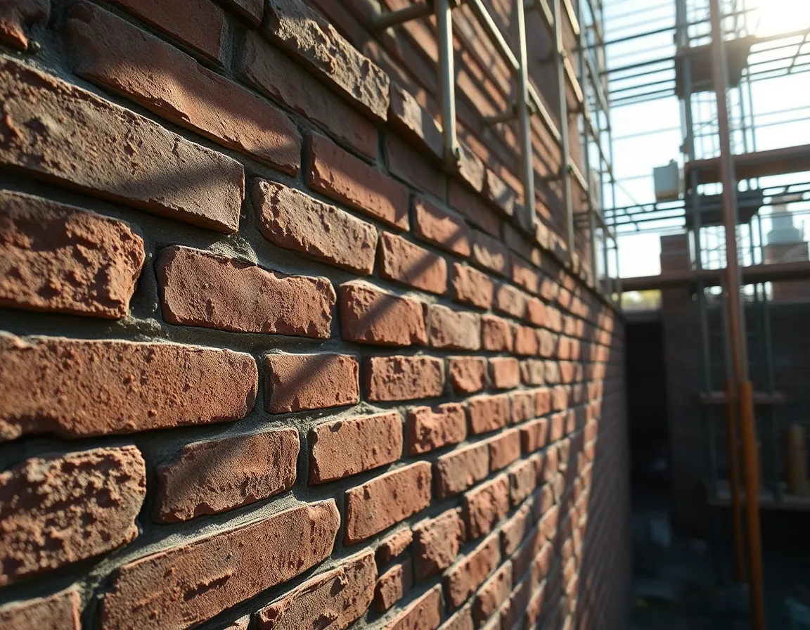 This macro shot captures the intricate details of a weathered brick wall at a construction site, showcasing the texture and age of the materials. Dappled sunlight filters through nearby scaffolding, casting beautiful patterns over the surface. The earthy color palette adds depth to the scene, emphasizing the relationship between nature and construction. This image serves as a testament to the craftsmanship and history behind industrial sites.