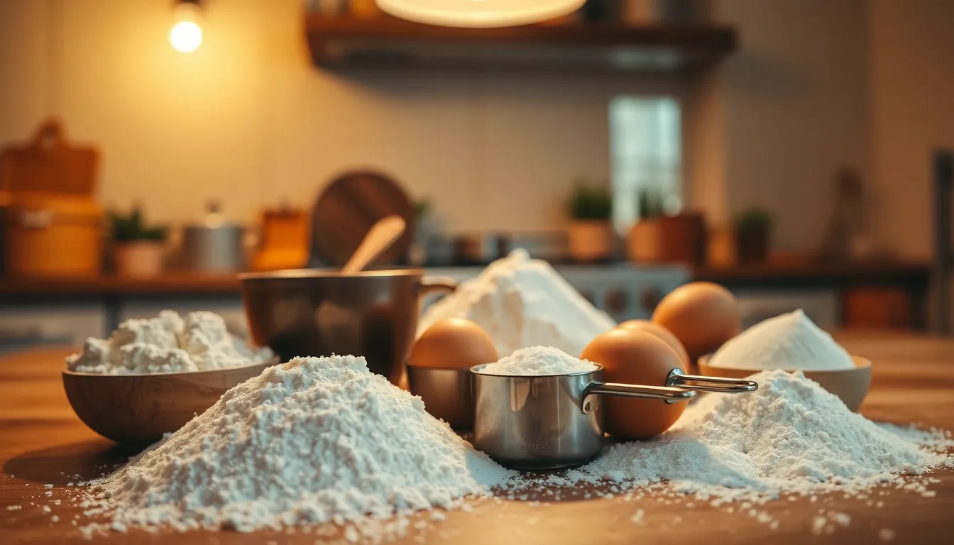 This intimate close-up scene showcases baking ingredients artfully arranged on a rustic wooden countertop. Illuminated by warm tungsten lighting, the textures of flour and sugar come alive in the soft, muted color palette. A shallow depth of field draws attention to the delicate details of the ingredients, which are symmetrically composed to evoke a sense of warmth and homey comfort, perfect for baking enthusiasts.