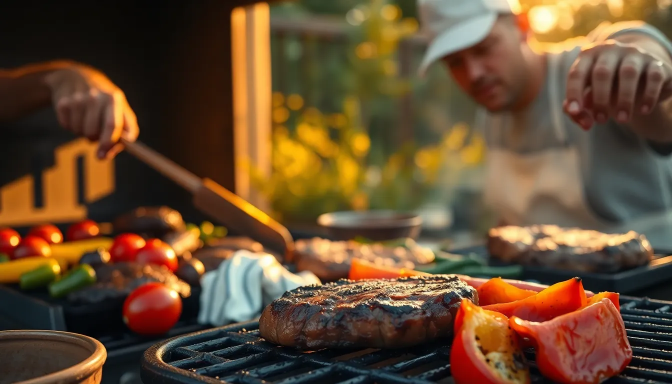 This lively outdoor barbecue scene captures a grill master in action as they flip succulent meats and vibrant vegetables. Bathed in the warm golden light of sunset, the image highlights the textures of the grilled food, creating a mouthwatering appeal. A shallow depth of field enhances the focus on the expertly cooked steak and colorful peppers, while a soft, blurred garden background evokes a relaxed summer ambiance.