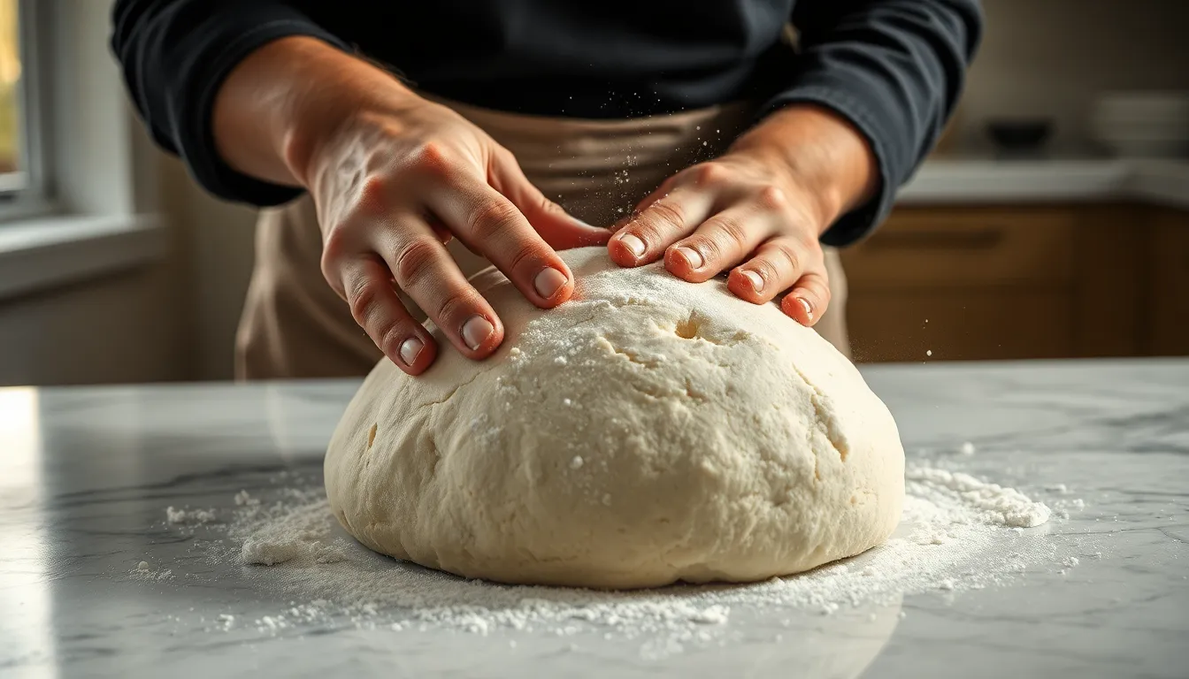 This captivating image captures the artisanal bread-making process, focusing on hands kneading dough on a pristine marble countertop. Soft, diffused daylight filters in through a window, illuminating the scene and creating an inviting atmosphere. The hyperfocal depth of field sharpens every detail, from the flour particles suspended in the air to the delicate textures of the dough, emphasizing the craftsmanship involved in bread-making.