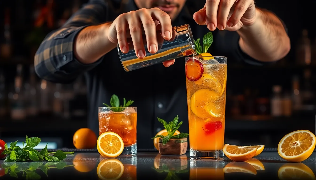 An electrifying image capturing the art of cocktail mixing, set in a stylish bar environment. The bartender is skillfully blending fresh fruits and herbs, bringing vibrant colors to the scene. The strategic Rembrandt lighting adds depth, highlighting the bartender's focused expression. The hyperfocal depth of field ensures every detail is crisp, from the glass shaker to the vivid ingredients. This image is ideal for showcasing mixology and a vibrant nightlife atmosphere.