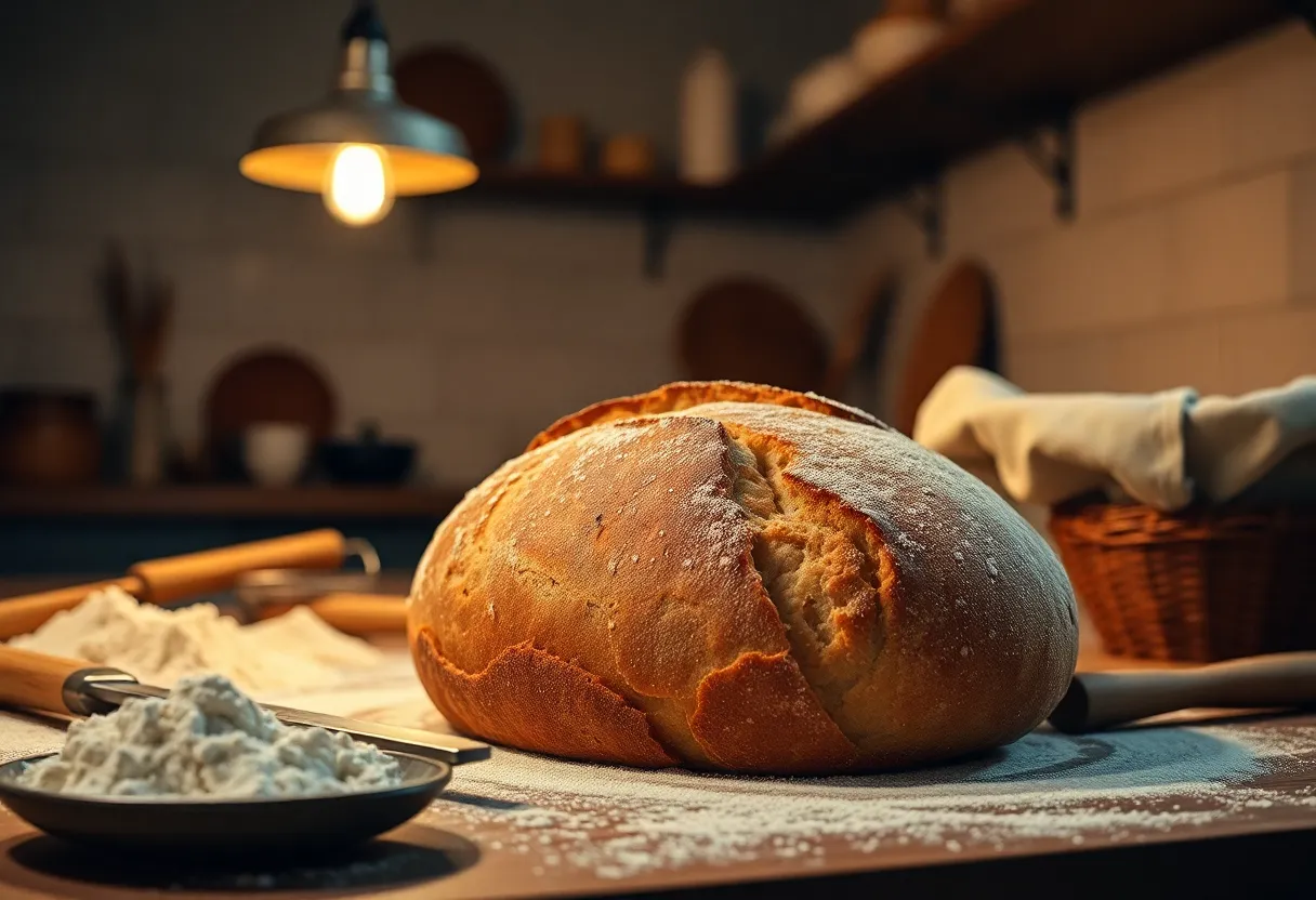 This captivating image showcases the artistry of baking fresh sourdough bread in a warm, inviting kitchen. The warm ambient light enhances the golden tones of the bread while the scattered flour and baking tools add context and texture. The focus on the loaf creates a mouthwatering scene, inviting viewers to immerse themselves in the cooking process.