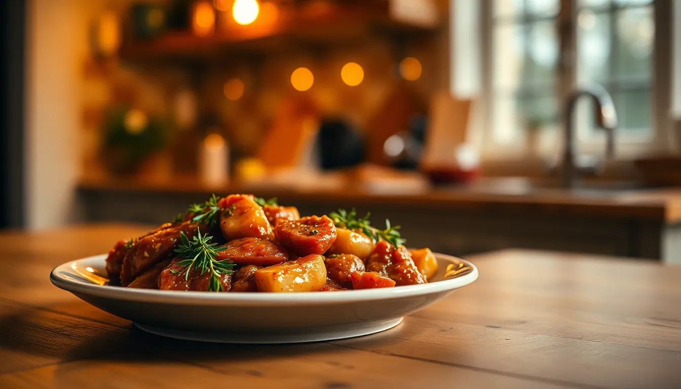 A beautifully arranged plate of roasted vegetables and herbs sits on a rustic wooden table, bathed in warm tungsten light. The depth of field highlights the dish, creating a dreamy bokeh effect in the background. Rich autumn colors accentuate the inviting atmosphere, making it a perfect representation of home-cooked comfort. The texture of the wood grain complements the vibrant food presentation, enhancing the overall warmth of the scene.