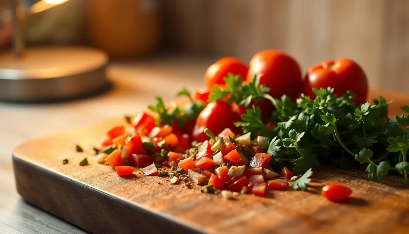 This image showcases a close-up view of freshly chopped herbs and colorful spices spread across a rustic wooden cutting board. The warm light casts inviting shadows, enhancing the textures of the ingredients while the vibrant colors pop against the dark wood. The composition emphasizes the beauty of culinary preparation, making it perfect for food blogs and cooking magazines.