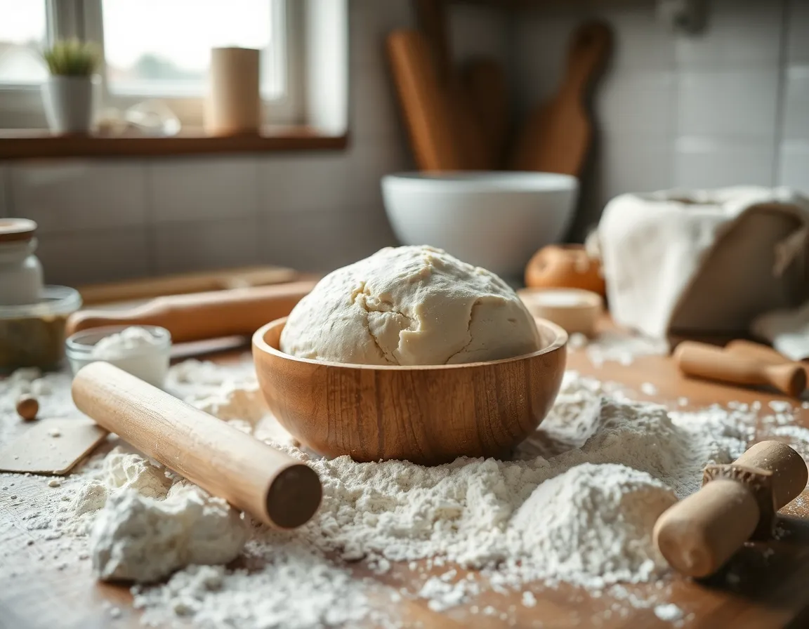 In this image, freshly kneaded dough rests in a warm, inviting kitchen setting. Soft, natural light filters through the window, highlighting the textures of the flour and rustic wooden bowl. Surrounding ingredients create a cozy scene that evokes the art of baking. The composition is symmetrical, drawing the eye to the dough as the centerpiece of this comforting culinary moment.