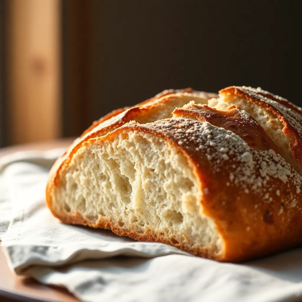 This macro image beautifully captures the intricate textures and details of freshly baked artisanal bread. The natural lighting highlights the golden crust, making it appear inviting and delicious. The use of soft linen in the background adds a rustic charm that enhances the overall aesthetic. The shallow depth of field draws the viewer’s attention to the bread’s surface, celebrating the craftsmanship that goes into baking. It's a perfect representation of comforting homemade goodness.