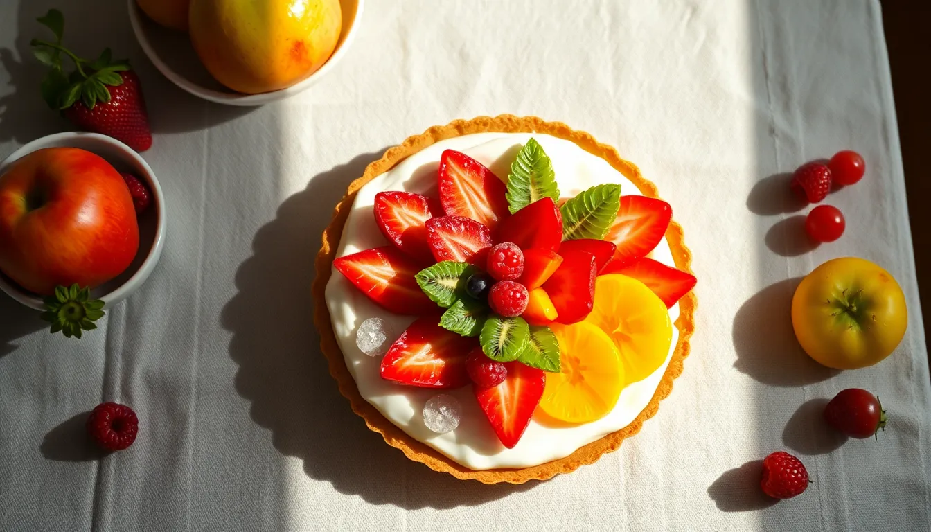 This overhead shot captures a beautifully arranged fruit tart that bursts with color and freshness. Natural daylight enhances the vivid hues of the fruits against the textured linen backdrop, creating a light and inviting atmosphere. The detailed textures of the tart crust and creamy filling are accentuated, making this image ideal for pastry lovers and culinary magazines.