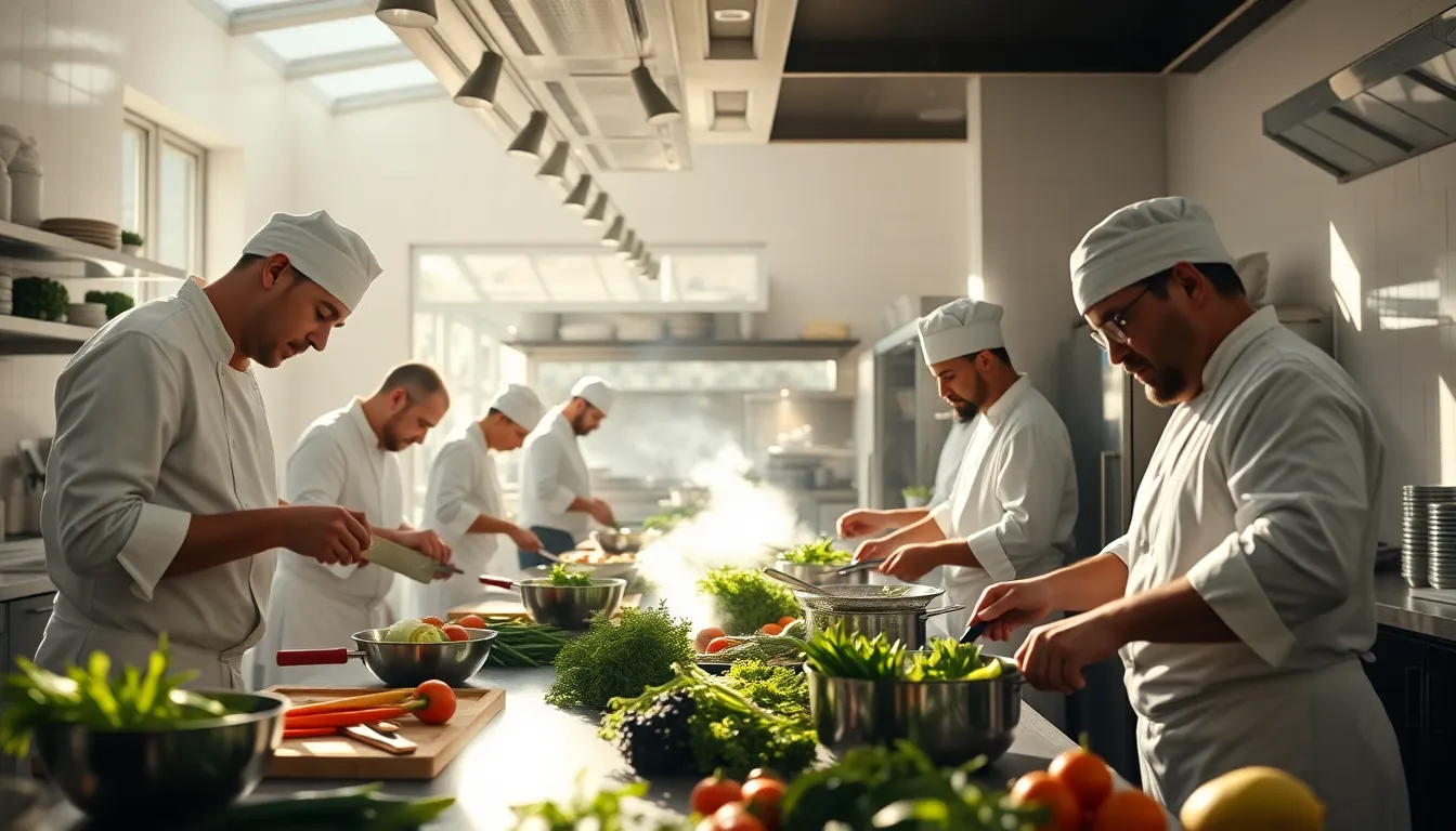 This lively image presents a dynamic kitchen scene where chefs are busily preparing fresh ingredients for a meal. Natural daylight fills the space, creating a warm and inviting atmosphere filled with energy and collaboration. The vibrant colors of fresh vegetables contrast beautifully against the bright kitchen decor. The wide-angle perspective captures the movement and teamwork essential in culinary arts, making it appealing for those interested in restaurant life and cooking.