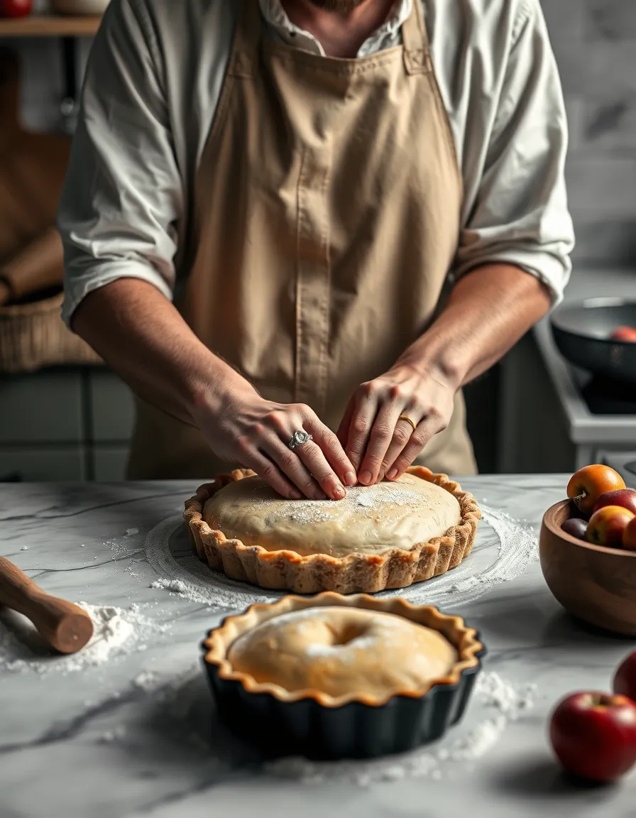 This warm and inviting image features a baker skillfully preparing a rustic pie in a cozy, vintage kitchen. Captured in natural, muted tones, the focus is on the hands in action, surrounded by flour and fresh fruits. The composition tells a story of culinary craftsmanship, making it perfect for food magazines or home baking blogs.