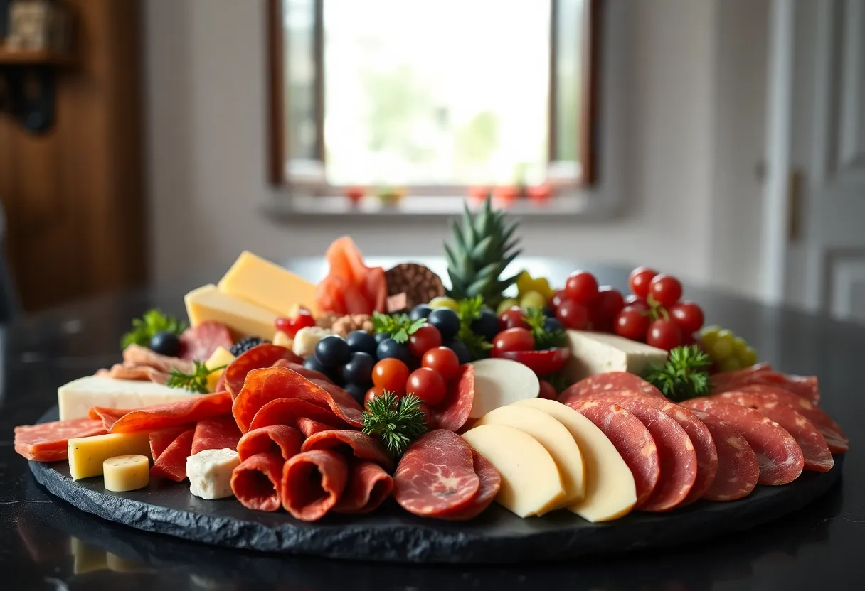 Elegant Charcuterie Board Arrangement This exquisite image features a beautifully arranged charcuterie board presented on a dark slate surface. The soft natural light highlights the vibrant colors and inviting textures of cured meats, assorted cheeses, and fresh fruits. With a shallow depth of field, the focus remains on the intricate details of the food, enhancing its appeal. The centered composition creates a balanced, upscale presentation, perfect for gourmet culinary showcases or entertaining.