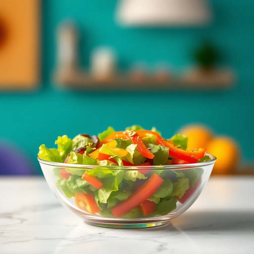 A colorful salad is presented in a clear glass bowl, displaying vibrant layers of fresh lettuce, crunchy bell peppers, and a sprinkle of seeds. Bright studio lighting highlights the crisp textures and vivid colors, while the cinematic color grading adds a modern flair. The composition emphasizes the freshness and healthiness of the dish, making it ideal for promoting nutritious eating.