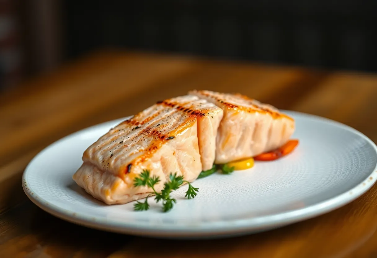 Gourmet Seared Salmon Dish Presentation This stunning image illustrates a gourmet seared salmon dish meticulously plated on a textured white plate. Soft Rembrandt lighting accentuates the luscious pink of the salmon and the vibrant colors of seasonal vegetables. The selective focus illuminates the details of the dish, while the soft bokeh background allows the exquisite presentation to shine. With its warm tones and balanced composition, this image invites food lovers to appreciate the artistry of culinary preparation.