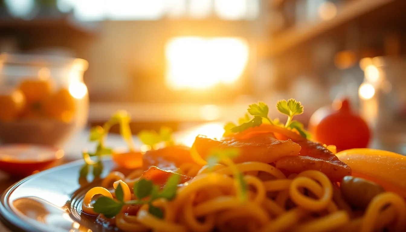 A stunning close-up of a freshly plated dish is beautifully illuminated by golden hour light, casting warm highlights around the edges. The rich colors and textures of the ingredients pop against a softly blurred background, inviting viewers to appreciate the culinary artistry. The strategic placement of garnishes around the dish enhances the story being told, while the shallow depth of field draws attention to the intricate details. This image captures the essence of culinary creativity in a warm, inviting manner.