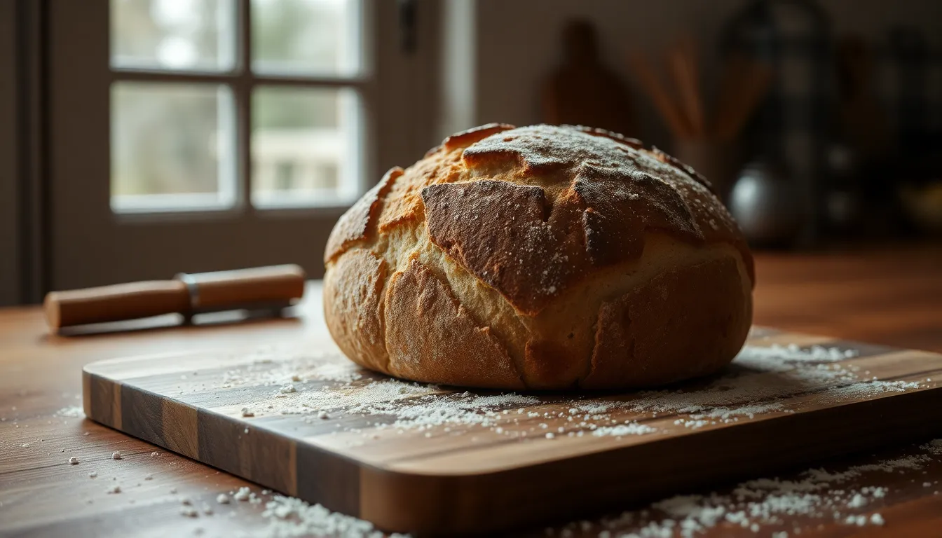 Freshly Baked Sourdough Bread A beautifully captured image of a freshly baked sourdough loaf resting on a textured wooden cutting board, surrounded by scattered flour. The soft, diffused daylight from an overcast window bathes the scene in gentle light, highlighting the crust's artisanal texture. The natural muted tones add warmth and authenticity to the image, while the centered composition draws attention to the bread as the focal point. This scene evokes the comforting atmosphere of a home kitchen filled with the aromas of freshly baked goods.