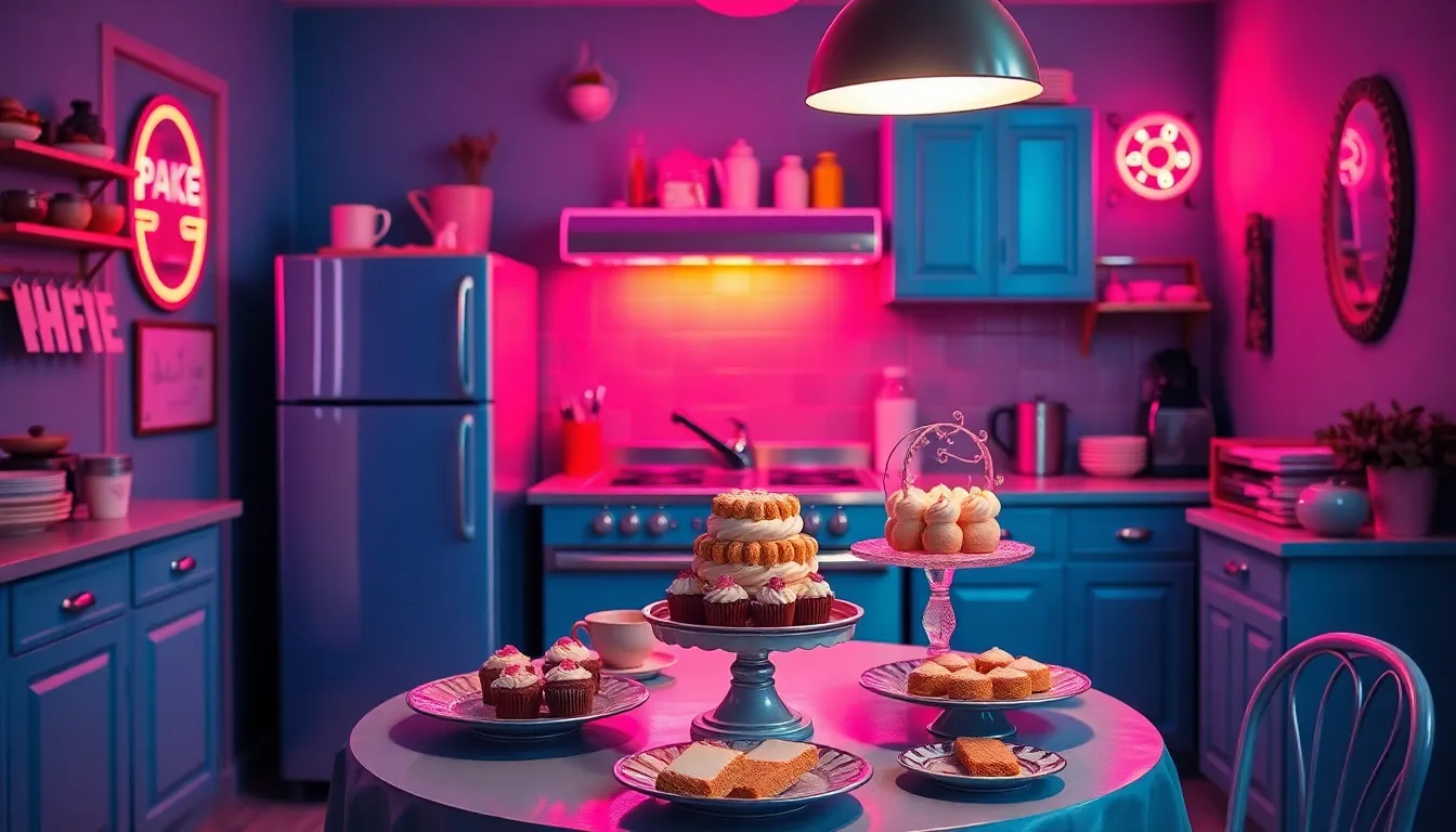 This striking image captures a vintage dessert table illuminated by colorful neon lighting, creating a vibrant and playful atmosphere. The symmetrical composition emphasizes the artistic arrangements of cakes and pastries, inviting the viewer to indulge in the visual feast. The reflections from the neon sign add an energetic pop of color, enhancing the retro aesthetic. Each dessert showcases meticulous detail and decorative plating, celebrating the art of baking.