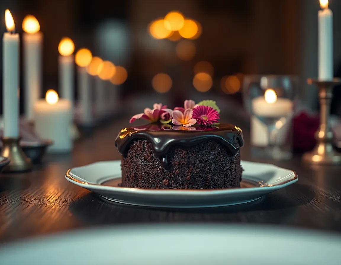 A sumptuous chocolate cake, lavishly decorated with a glossy ganache and delicate edible flowers, is set against a warm, candlelit backdrop. The low lighting creates an intimate and inviting atmosphere, while the selective focus highlights the cake's intricate details. The rich, muted color palette enhances the decadent appeal of the dessert, evoking indulgence. This composition is perfect for showcasing desserts in a cozy dining setting.