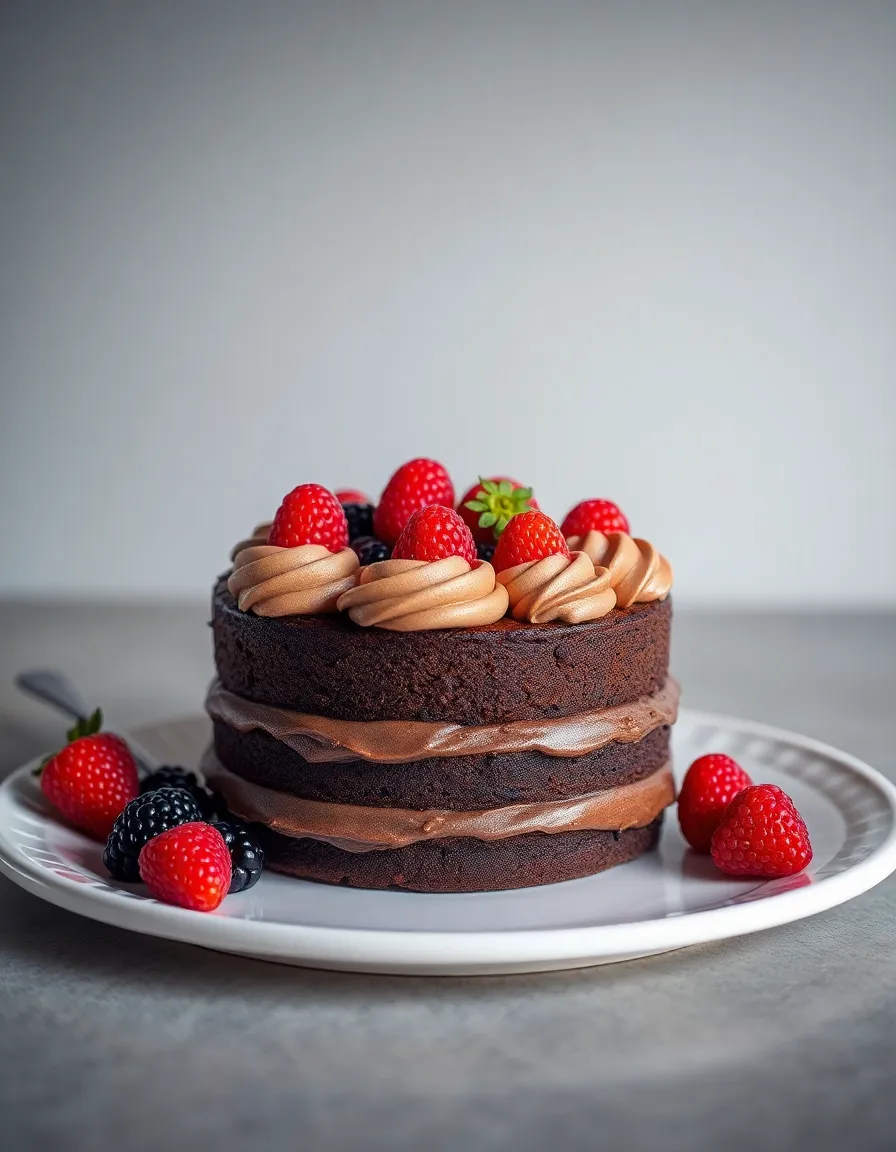 This image features a decadent chocolate cake, beautifully plated with fresh berries resting on top, against a soft, elegant backdrop. The studio lighting enhances the rich textures of the chocolate frosting, creating a mouth-watering visual. The composition is centered and symmetrical, ensuring the cake remains the focus of attention. Ideal for dessert menus or baking blogs, this image embodies indulgence and elegance.