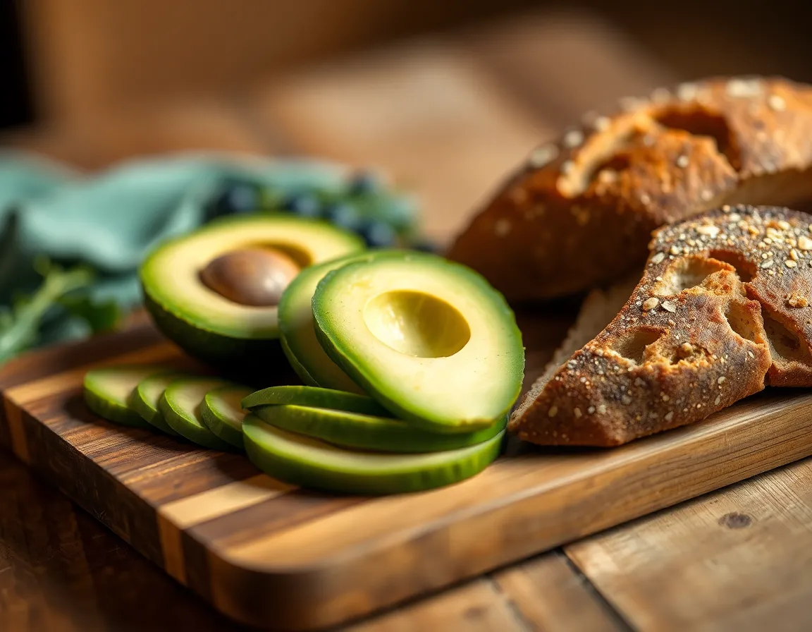 This image beautifully portrays sliced avocados and artisanal bread on a rustic wooden cutting board. The warm rim light enhances the textures of the ingredients, making the scene inviting and vibrant. With a shallow depth of field that draws focus to the food, this image captures the essence of healthy eating, ideal for cookbooks and health-focused blogs.