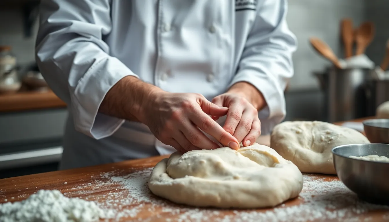 In this close-up shot, a chef's hands knead dough on a flour-dusted countertop, showcasing the art of cooking. The soft, diffused overcast light brings a gentle touch to the mood, while the muted colors reflect the simplicity of the ingredients. The image captures the essence of culinary craftsmanship, inviting the viewer to appreciate the tactile nature of food preparation. The shallow depth of field enhances the focus on the hands, with background elements softly blurred to create an intimate atmosphere.