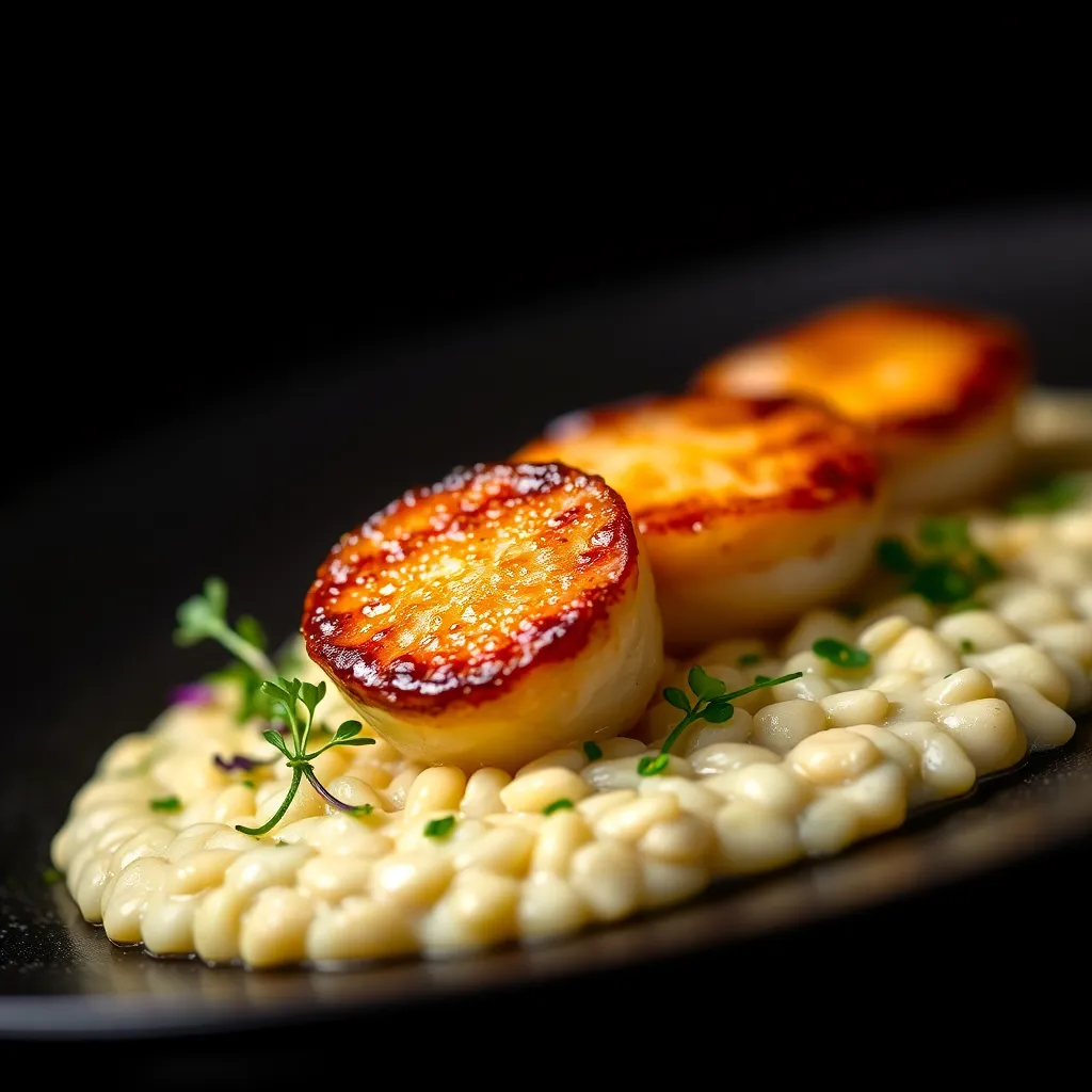 This exquisite close-up image highlights a gourmet dish featuring delicately seared scallops resting on a creamy, rich risotto. The presentation is artfully garnished with microgreens and colorful edible flowers, adding an elegant touch. The dramatic lighting brings out the golden tones of the scallops and enhances the textures of the dish, creating a mouthwatering visual appeal. This image captures the essence of refined culinary creativity, making it ideal for upscale food photography.