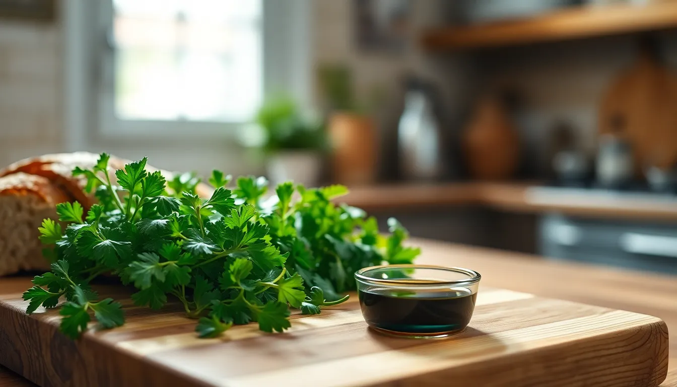 This image captures the essence of cooking with fresh ingredients placed on a rustic wooden cutting board. A loaf of sourdough bread lies beside a small bowl of olive oil, while vibrant green herbs add a pop of color. The natural light streaming through the window enhances the texture of the wood and food, creating a warm and inviting atmosphere. The shallow depth of field beautifully blurs the background, emphasizing the fresh herbs.
